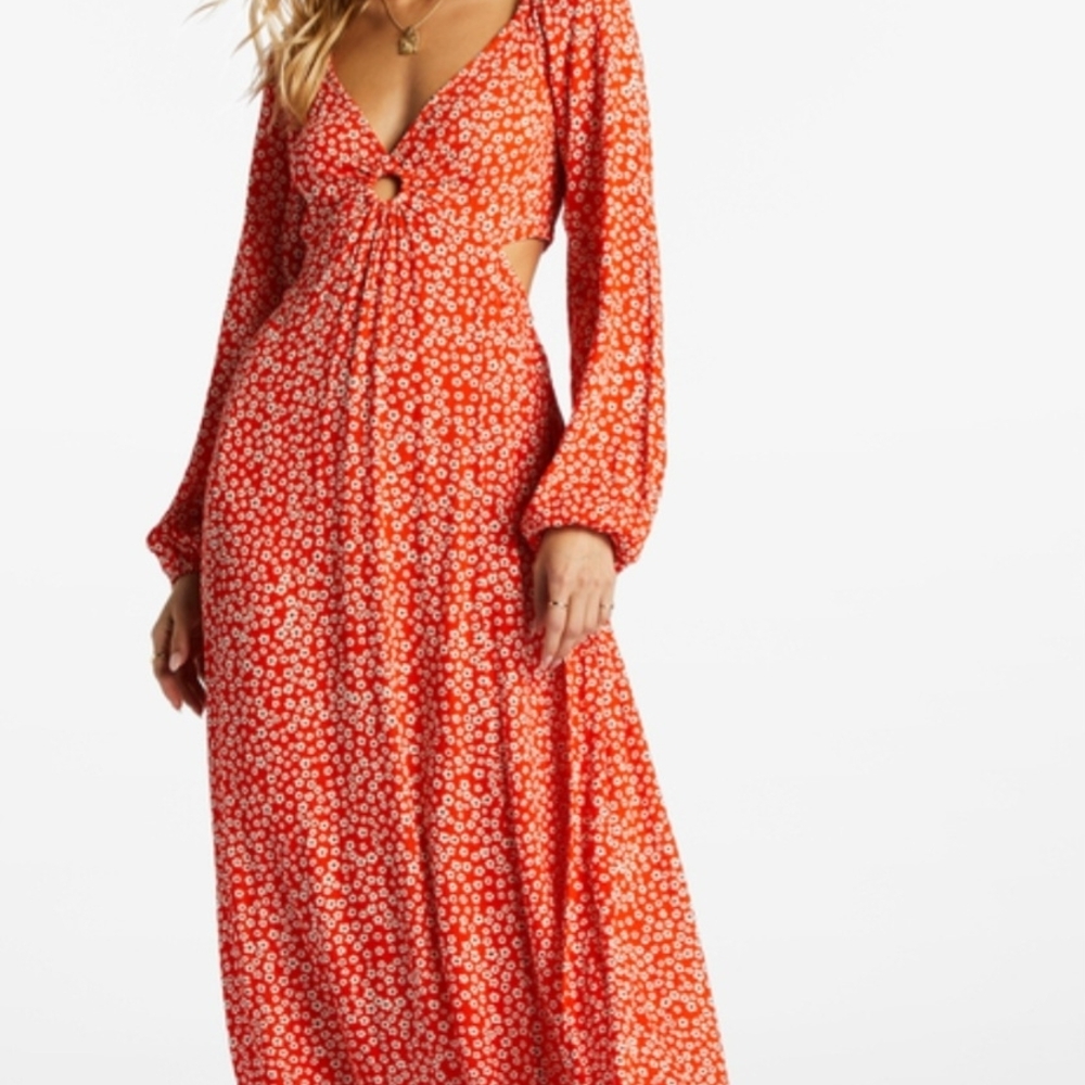 Billabong Red Floral Long-Sleeve Maxi Dress with Front Ring Detail